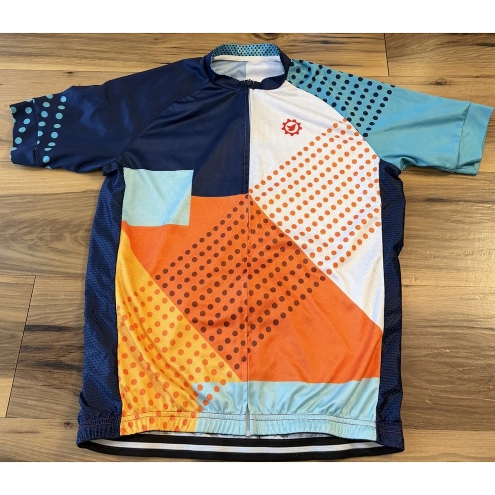 Cycling Jersey Men's Large Blue Orange Geometric Full Zip Bike Shirt Race Top